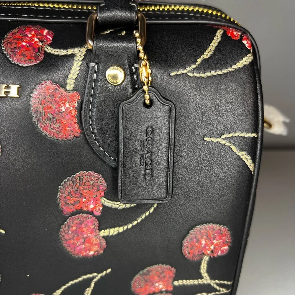 Coach Rowan Satchel Bag in Leather with Cherry Print Black Multi